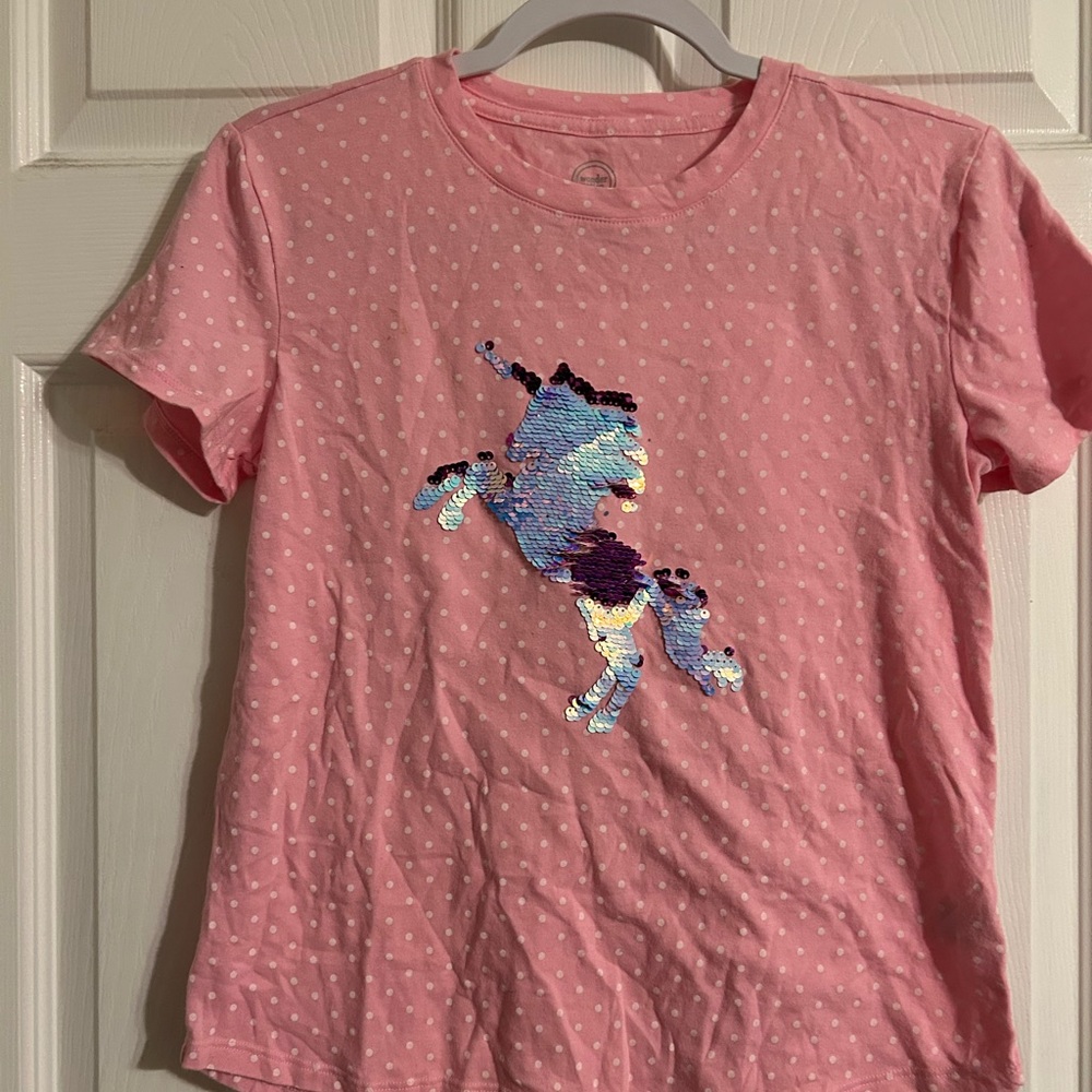 Pink with white Polka Dots and reversible sequin Unicorn.